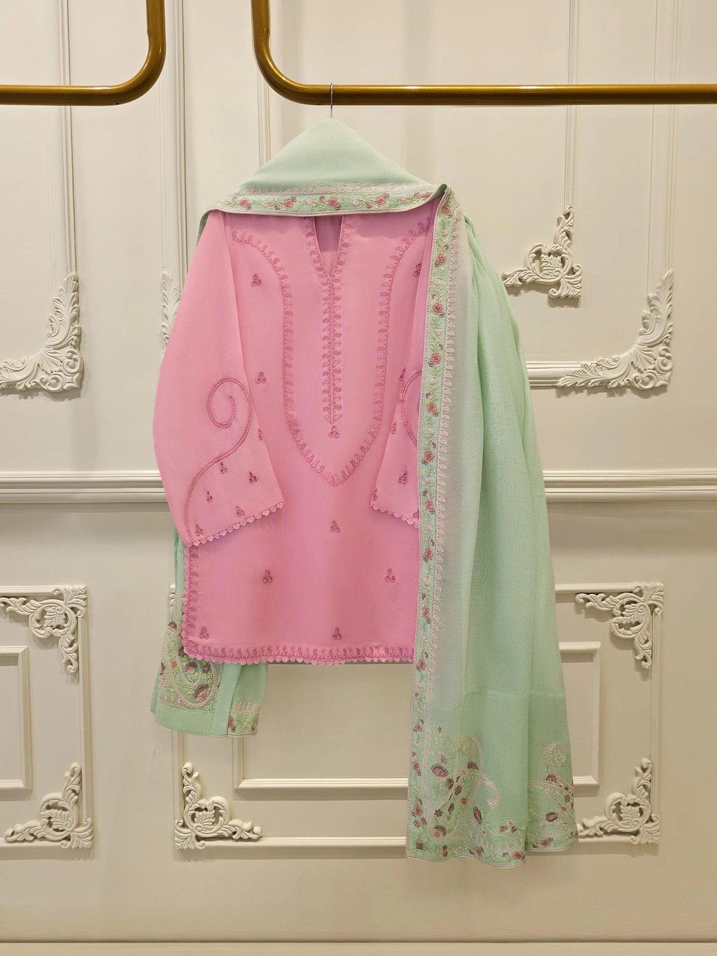 Agha Noor Embroidered Suit  - 3 Piece - Pink and Green