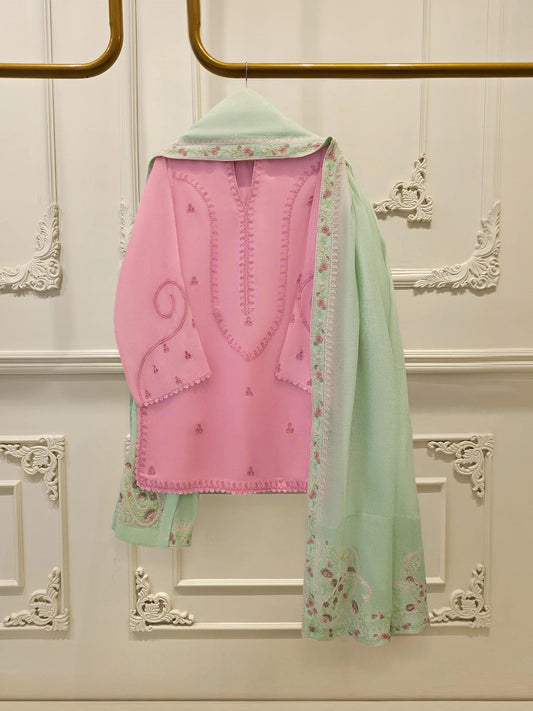 Agha Noor Embroidered Suit  - 3 Piece - Pink and Green