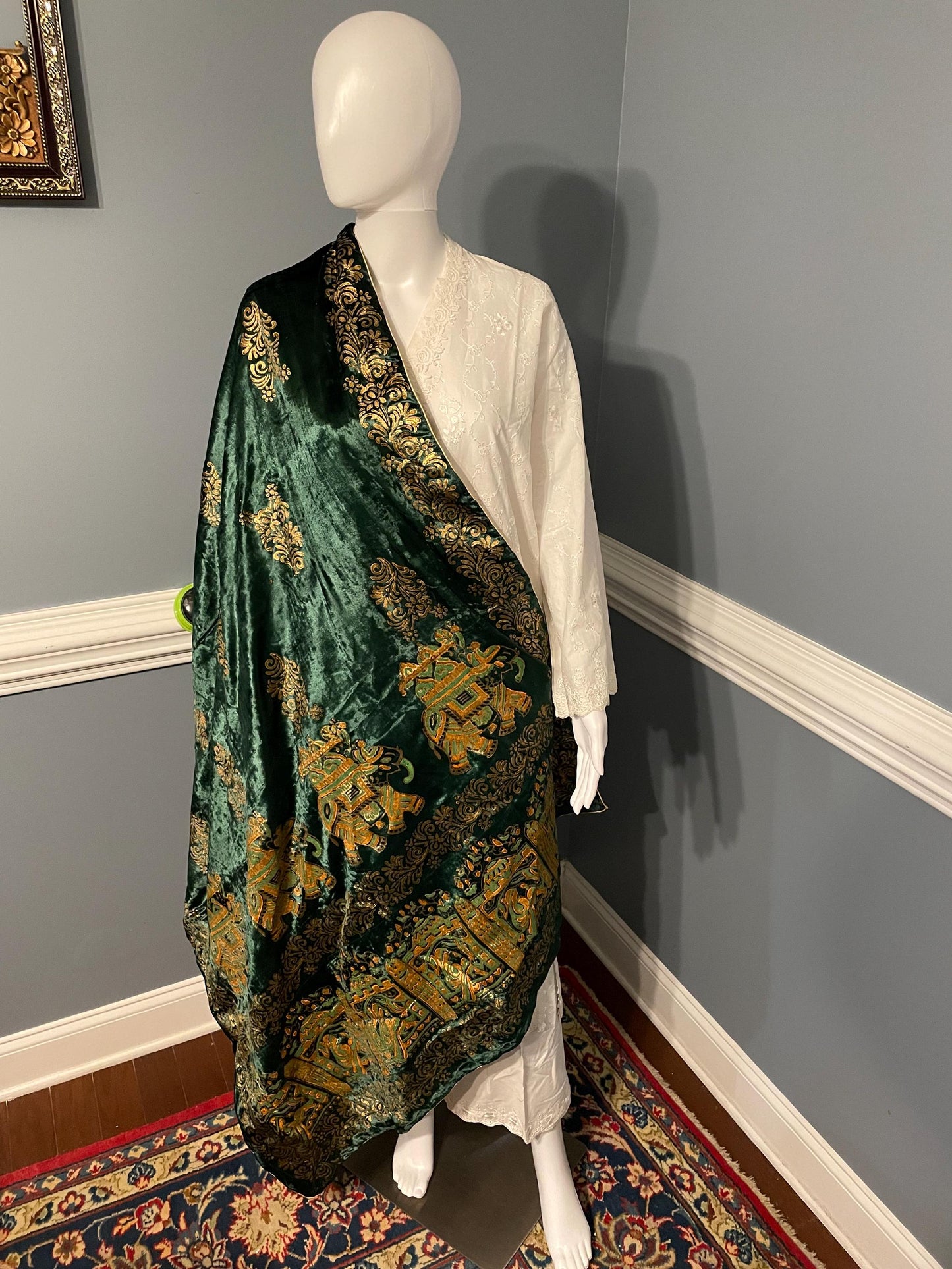 Handmade Block Print Micro Velvet Lightweight Shawl - Green - Elephants Design