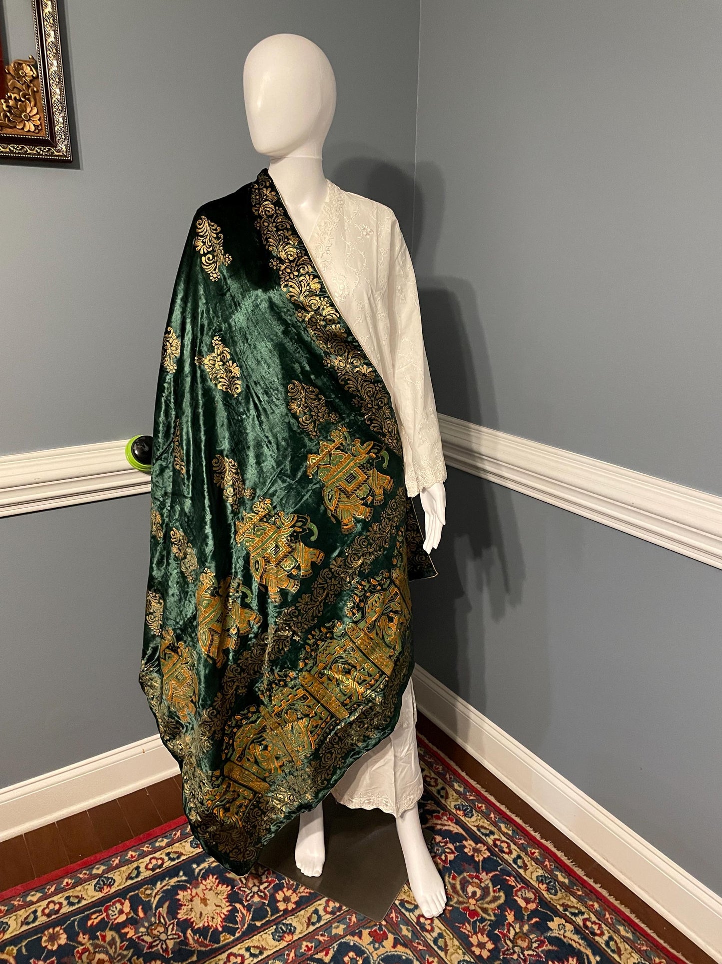 Handmade Block Print Micro Velvet Lightweight Shawl - Green - Elephants Design