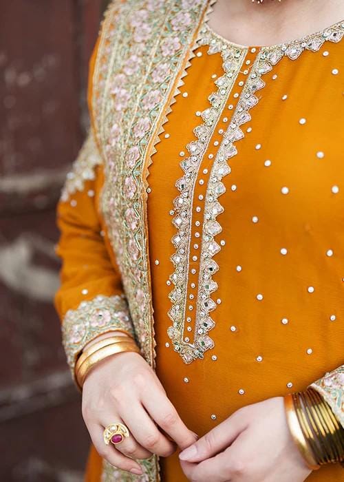 Embroidered Chiffon and Raw Silk Shalwar Suit - Mustard
