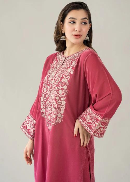 Embroidered Pink Velvet Suit - 2 Piece