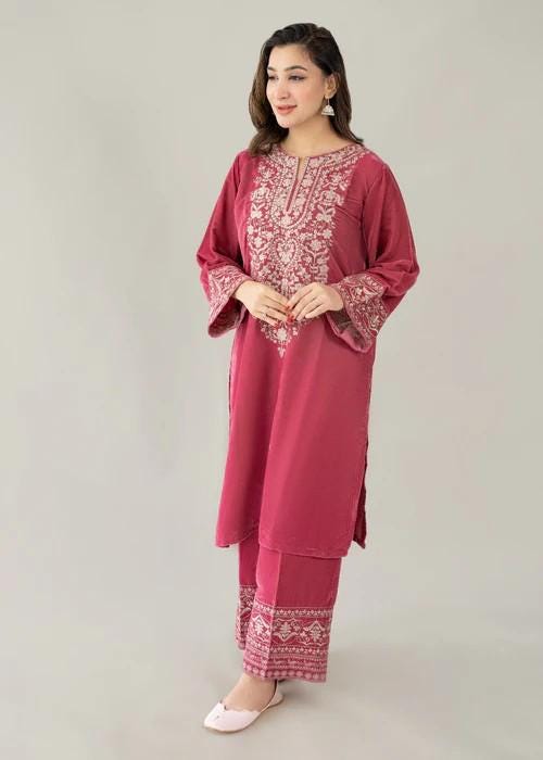 Embroidered Pink Velvet Suit - 2 Piece