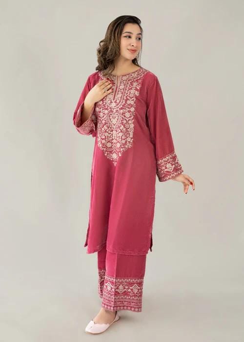 Embroidered Pink Velvet Suit - 2 Piece
