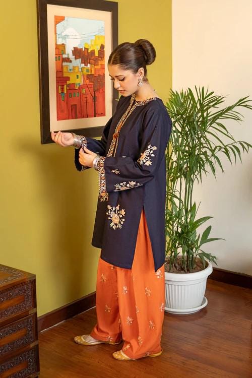 2 piece - Embroidered Soft Khaddar Farshi Shalwar Suit - Sunset Orange & Aegean Blue