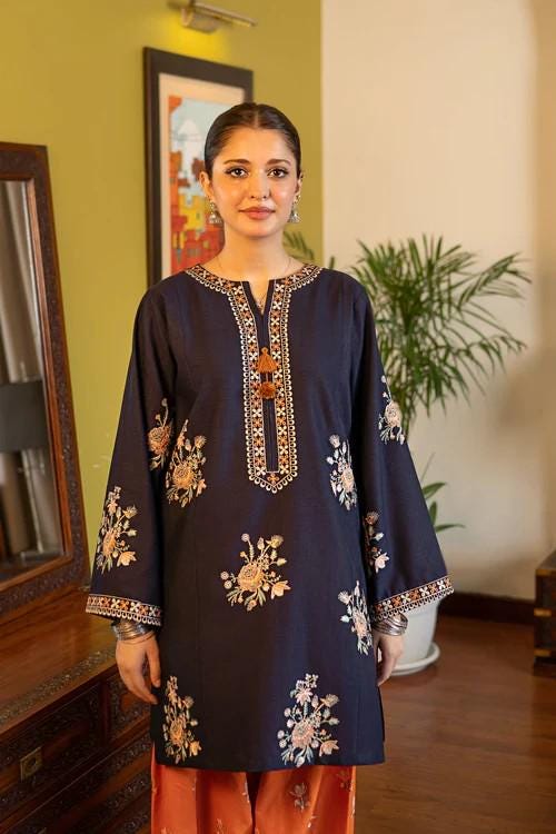 2 piece - Embroidered Soft Khaddar Farshi Shalwar Suit - Sunset Orange & Aegean Blue