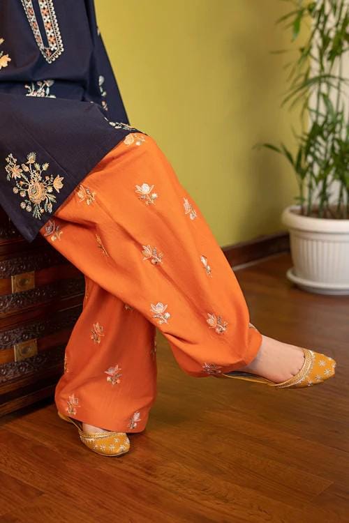 2 piece - Embroidered Soft Khaddar Farshi Shalwar Suit - Sunset Orange & Aegean Blue