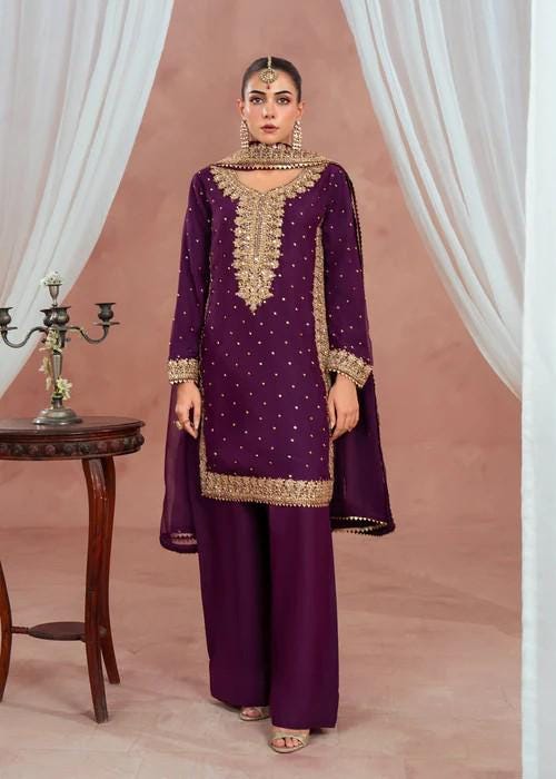 3 Piece Golden Embroidered Farshi Shalwar Chiffon Suit - Plum