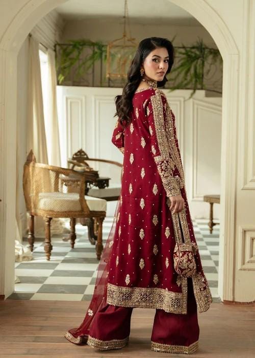 4 Piece Golden Maroon Embroidered Chiffon Suit - Maroon with Potli Bag