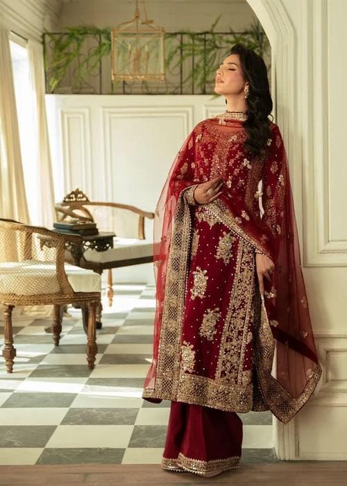 4 Piece Golden Maroon Embroidered Chiffon Suit - Maroon with Potli Bag