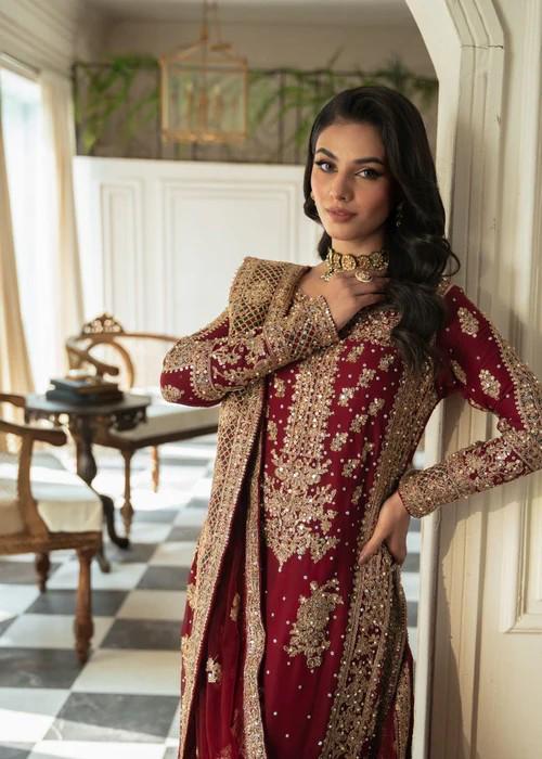 4 Piece Golden Maroon Embroidered Chiffon Suit - Maroon with Potli Bag