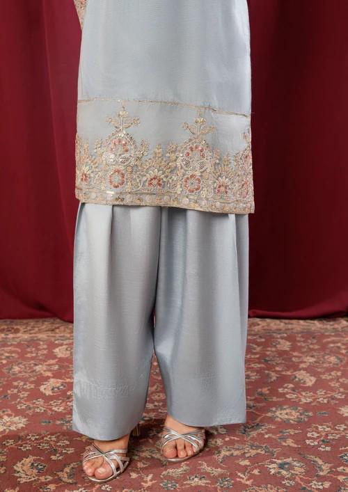 3 Piece Raw Silk Farshi Shalwar Suit - Chiffon Dupatta