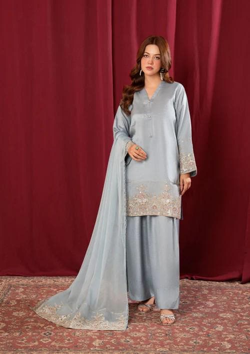 3 Piece Raw Silk Farshi Shalwar Suit - Chiffon Dupatta