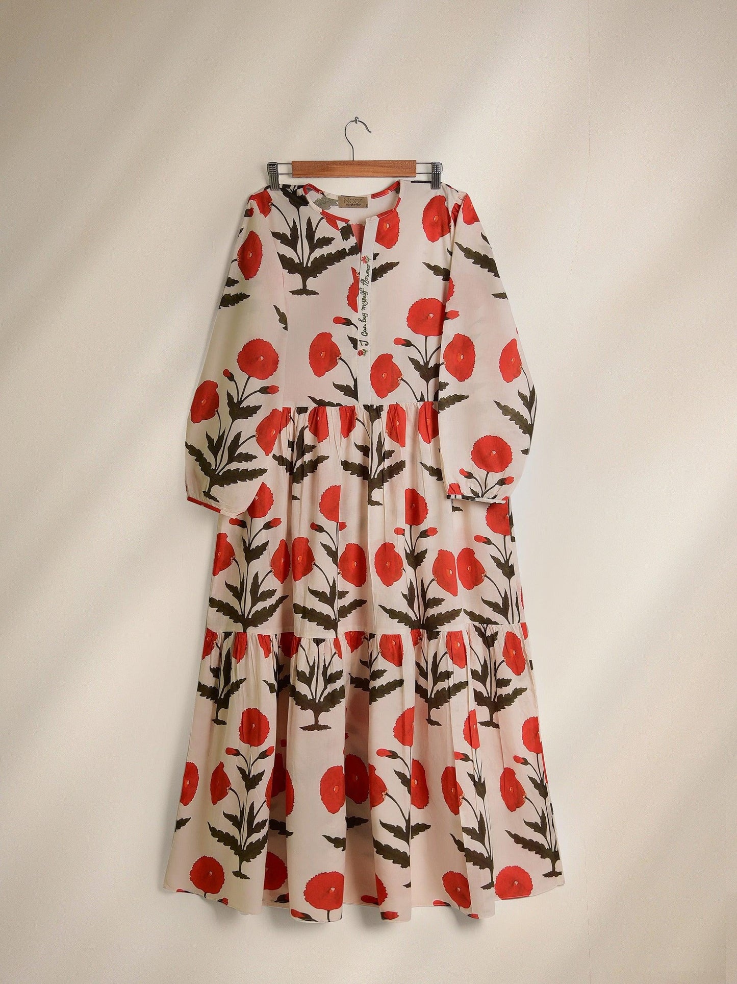 Floral Poppy Print Maxi Dress - Embroidered Lawn Fabric