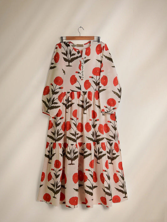 Floral Poppy Print Maxi Dress - Embroidered Lawn Fabric