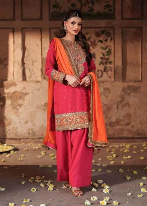 3 Piece Golden Embroidered Farshi Shalwar Chiffon and Raw Silk Suit