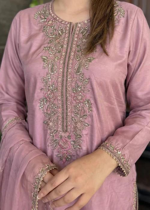 Embroidered Silk Farshi Shalwar Suit with Organza Dupatta - 3 Piece - Mauve Pink