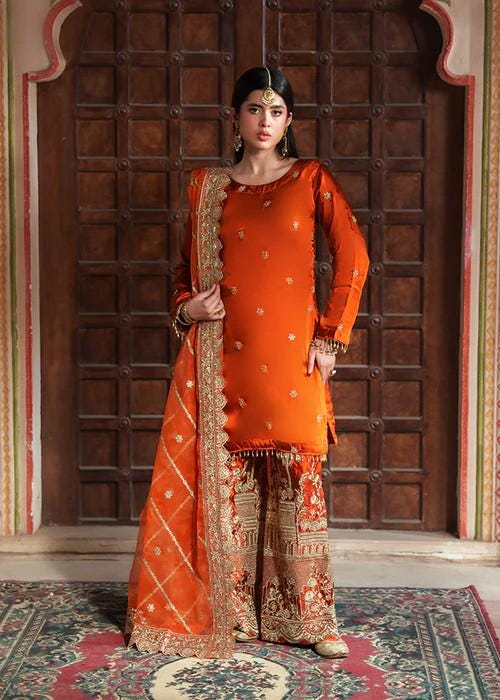 3 Piece Embroidered Charmeuse / Shamooz Silk Suit - Zari & Tilla work