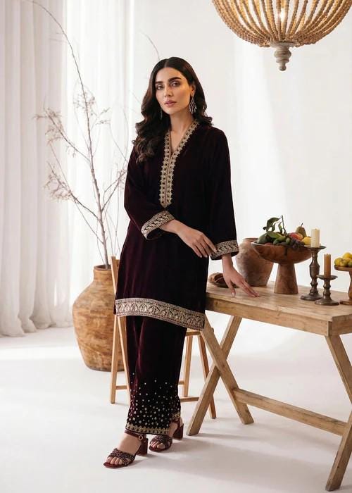 Embroidered Velvet Kurta Set - 2 Piece Designer Wear - Maroon