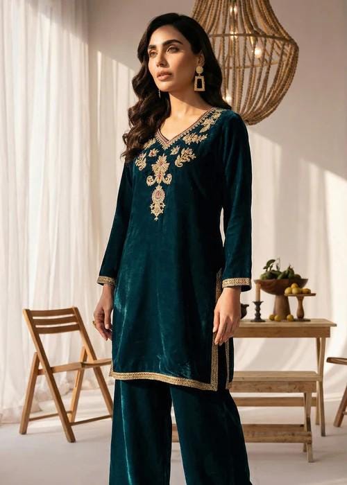 Embroidered Velvet Kurta Set - 2 Piece Designer Wear - Teal