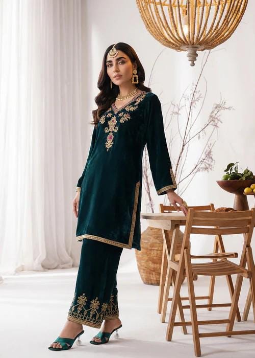 Embroidered Velvet Kurta Set - 2 Piece Designer Wear - Teal