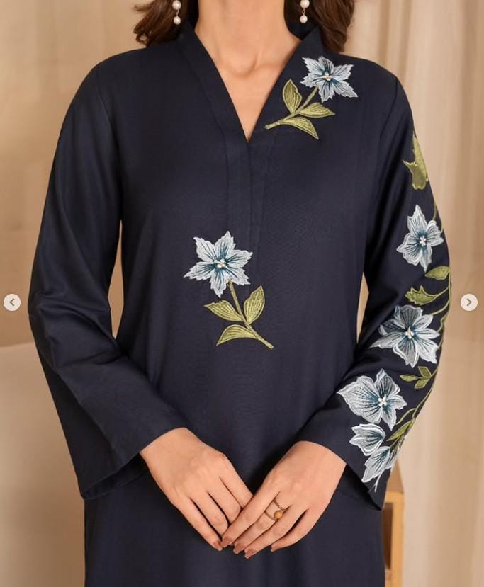 2 Piece Embroidered Linen Suit - Navy Blue