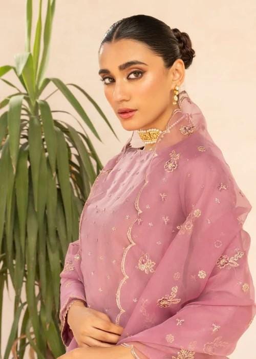 Embroidered Pink Kattan Silk Suit - Palazzo Pants and Organza Dupatta