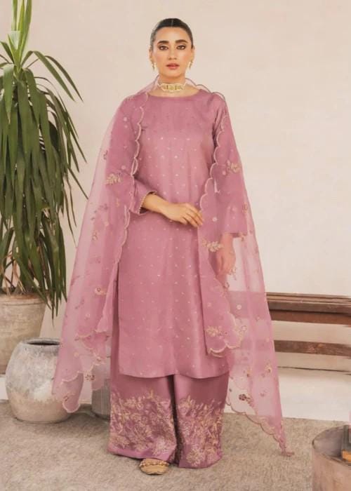 Embroidered Pink Kattan Silk Suit - Palazzo Pants and Organza Dupatta