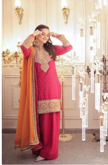 3 Piece Golden Embroidered Farshi Shalwar Chiffon and Raw Silk Suit