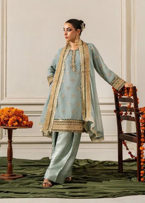 3 Piece Golden Embroidered Chiffon & Raw Silk Suit - Pastel Blue