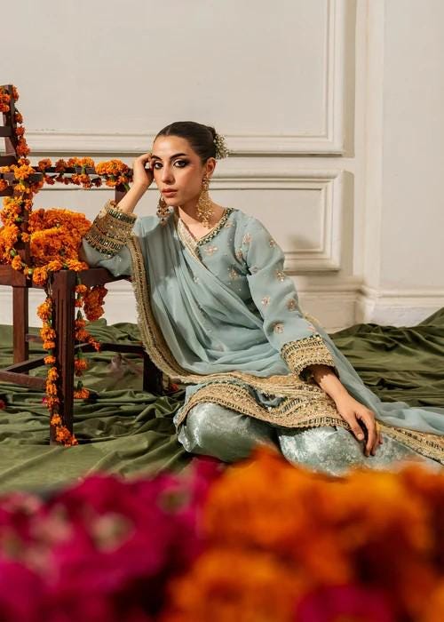 3 Piece Golden Embroidered Chiffon & Raw Silk Suit - Pastel Blue