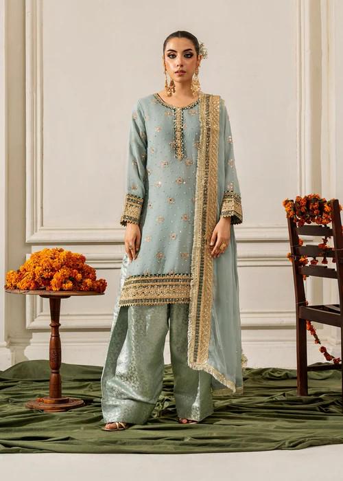 Golden Embroidered Chiffon & Raw Silk Suit - Pastel Blue