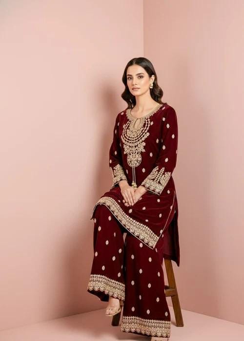 Embroidered Maroon Velvet Suit with Palazzo Pants - 2 Piece