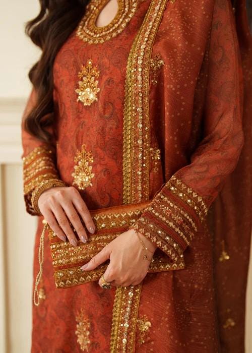 4 Piece Khaadi Silk Farshi Shalwar Suit - With Potli Bag