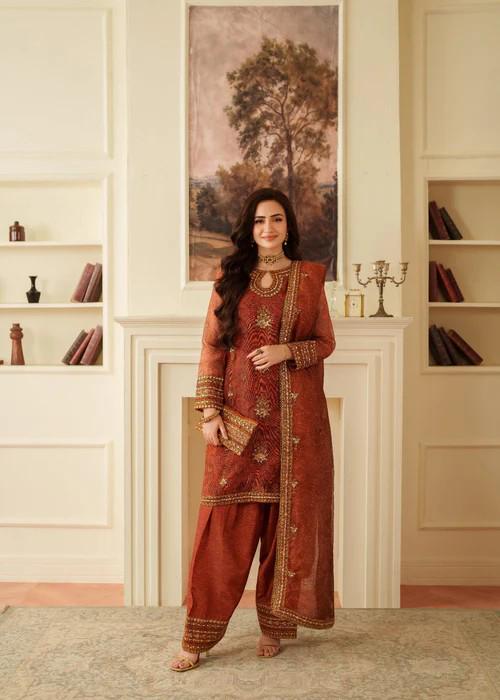 4 Piece Khaadi Silk Farshi Shalwar Suit - With Potli Bag