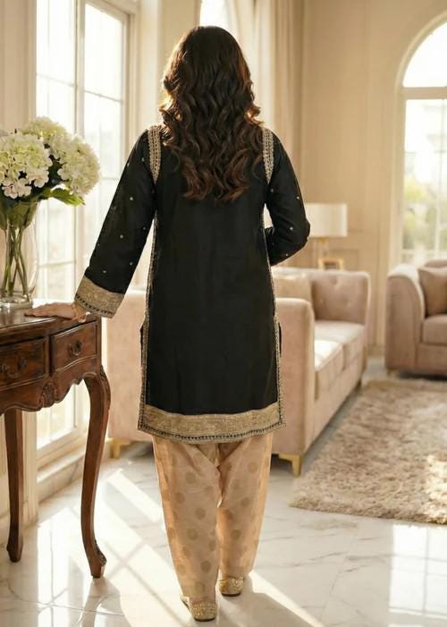 3 Piece Raw Silk Embroidered Suit - Black & Beige