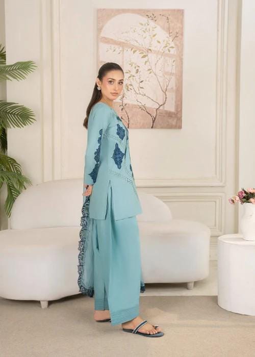 3 piece - Embroidered Short Kurta Cotton Suit