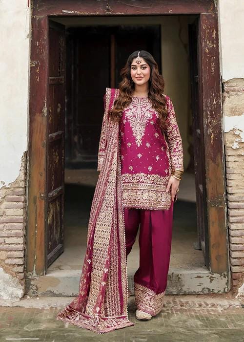 3 Piece Golden Embroidered Charmeuse Silk Suit - Raspberry Pink