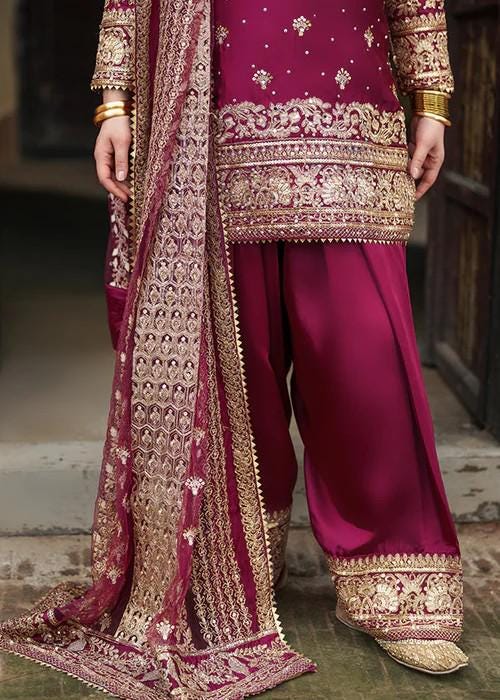 3 Piece Golden Embroidered Charmeuse Silk Suit - Raspberry Pink