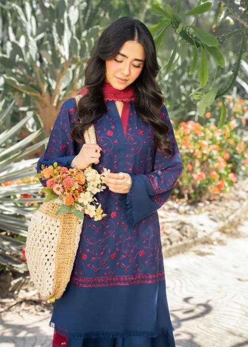 3 piece - Embroidered Linen Farshi Shalwar Suit - Navy Blue