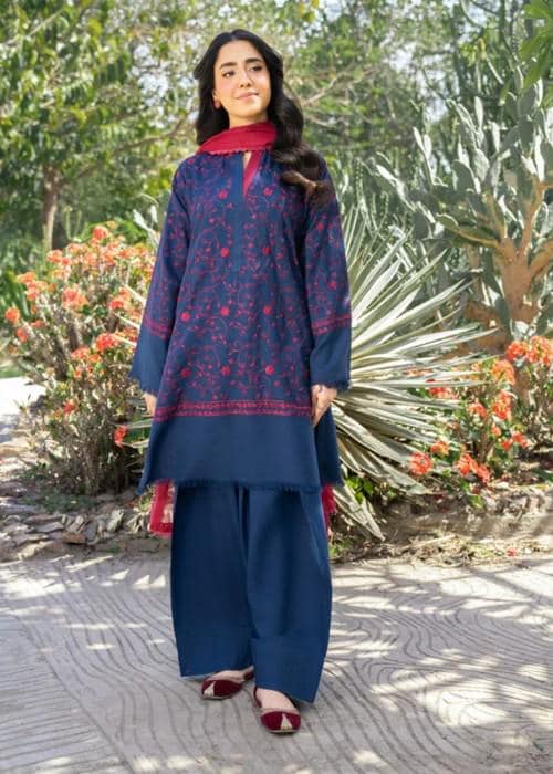 3 piece - Embroidered Linen Farshi Shalwar Suit - Navy Blue