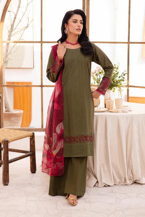 3 piece - Pakistani Designer Lawn Suit - Chiffon Dupatta - Olive Green & Red