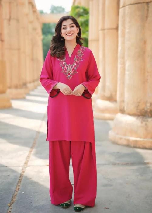 2 piece - Embroidered Linen Short Kurta Farshi Shalwar Suit - Hot Pink