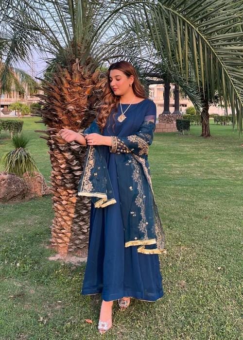 Embroidered Chiffon Suit - Blue Maxi/Anarkali - Organza Dupatta