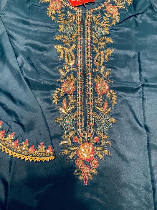 Embroidered Silk Farshi Shalwar Suit with Organza Dupatta - 3 Piece - Blue