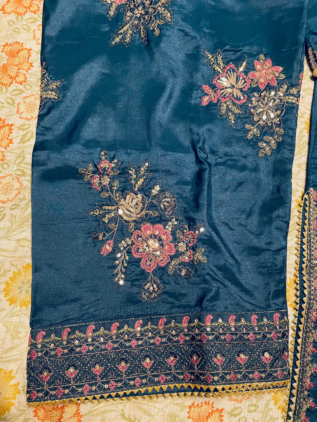 Embroidered Silk Farshi Shalwar Suit with Organza Dupatta - 3 Piece - Blue