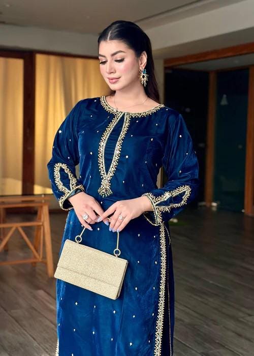 Embroidered Sapphire Blue Velvet Suit - 2 Piece - Adda Work with Palazzo Pants