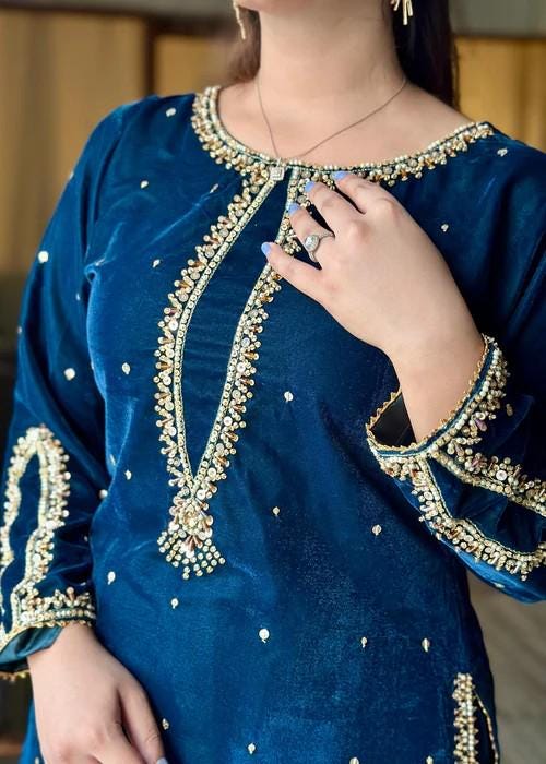 Embroidered Sapphire Blue Velvet Suit - 2 Piece - Adda Work with Palazzo Pants