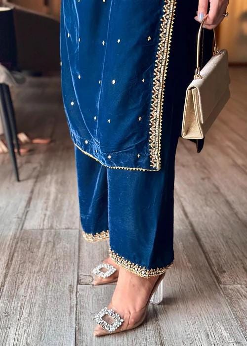 Embroidered Sapphire Blue Velvet Suit - 2 Piece - Adda Work with Palazzo Pants