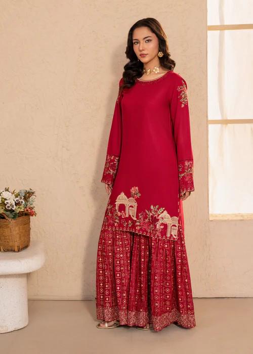 2 Piece Embroidered Linen Gharara Suit - Maroon